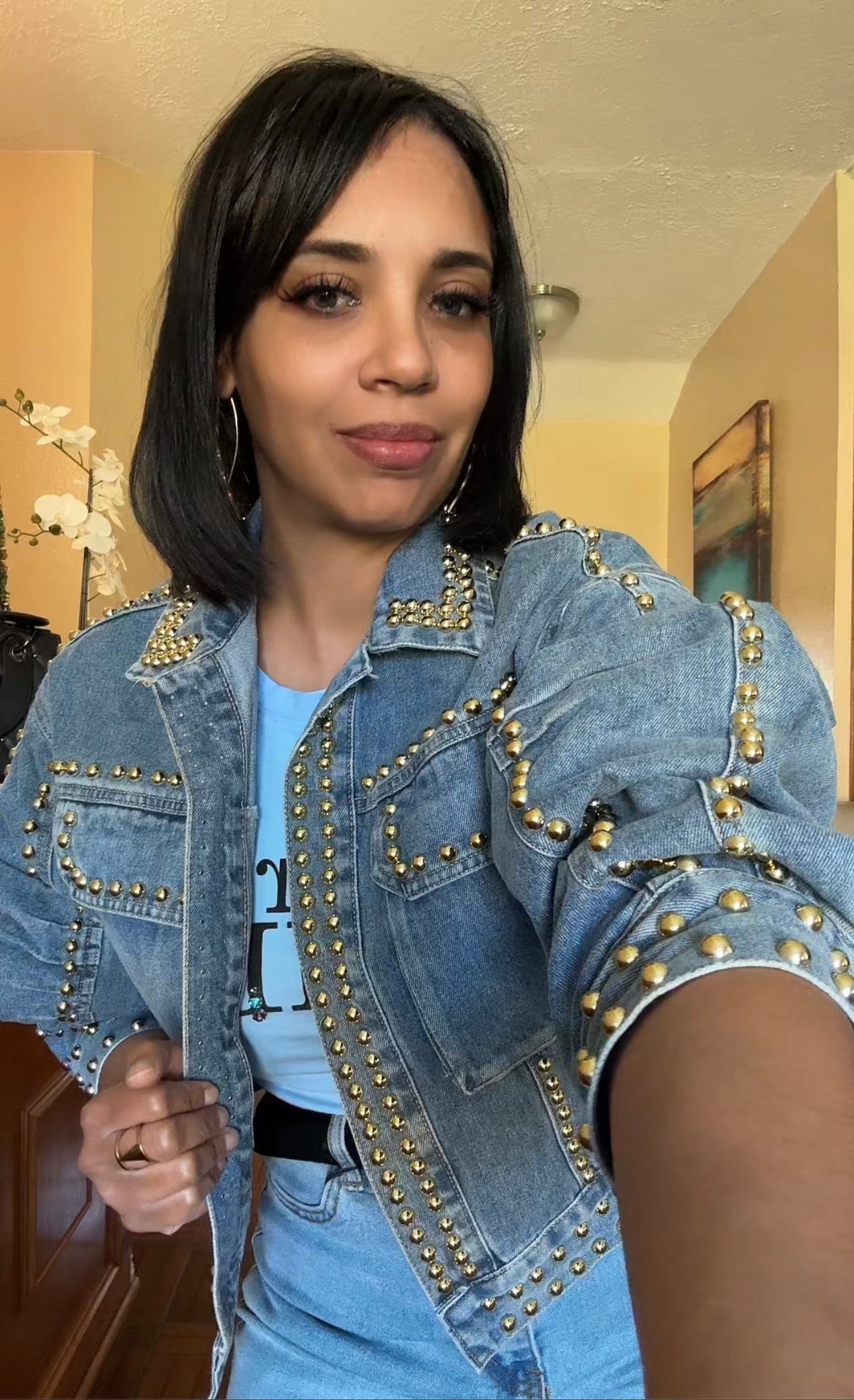 Gold Studs Puff Bomber Denim Jacket